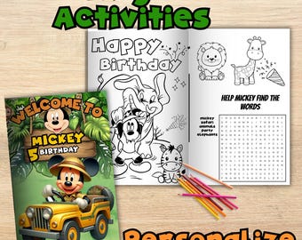 May include: A children's coloring book and activity set featuring Mickey Mouse. The cover reads "Welcome to Mickey's 5th Birthday." Inside, there are coloring pages with the text "Happy Birthday" and a word search puzzle. The words "Coloring books Activities" and "Personalize" are also visible.