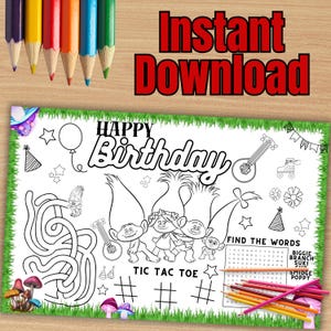 Trolls Birthday Placemat, Trolls Coloring Activity Mat, Party Activity, pitufos Coloring Page, Trolls, INSTANT DOWNLOAD T19
