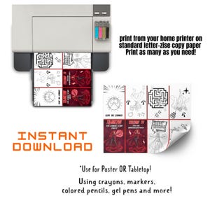 May include: A printer is shown printing party-themed coloring pages. The pages feature mazes, superhero illustrations, and text that reads "Thank You" and "Happy Birthday." The words "Instant Download" are also visible.