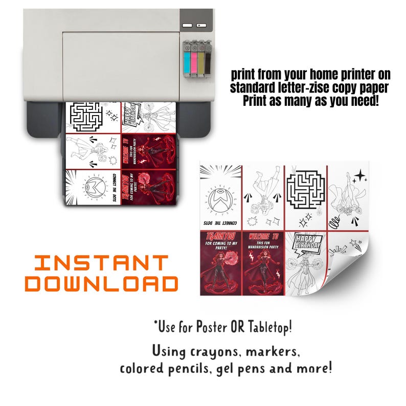 May include: A printer is shown printing party-themed coloring pages. The pages feature mazes, superhero illustrations, and text that reads "Thank You" and "Happy Birthday." The words "Instant Download" are also visible.