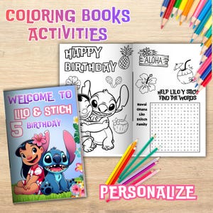 May include: A children's activity book featuring Lilo & Stitch characters. The cover reads "Welcome to Lilo & Stitch 5th Birthday." Inside, there are coloring pages with the text "Happy Birthday," "Aloha," and a word search puzzle. Colored pencils are included.