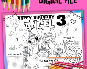 Stitch and Angel Birthday Activity Mat, Personalized Word Search (Digital File)