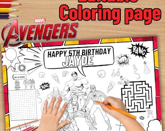 Avengers Birthday Coloring Page, Personalized Activity Mat (Digital File)
