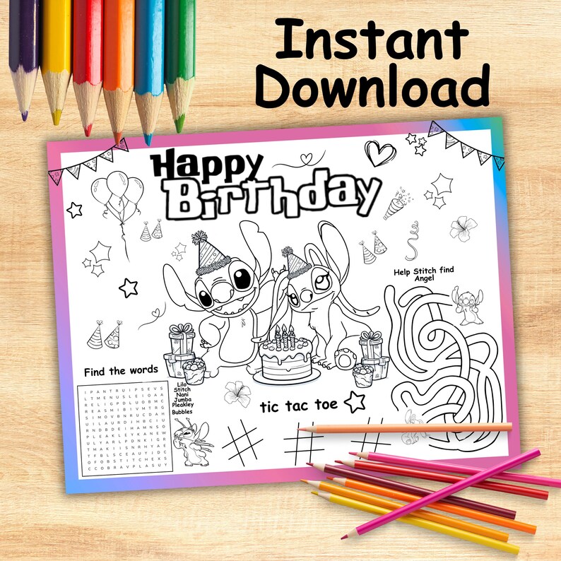 Puede incluir: Una p&aacute;gina para colorear en blanco y negro con las palabras "Happy Birthday" e "Instant Download". Presenta personajes de dibujos animados, un pastel y un laberinto. Incluye una b&uacute;squeda de palabras y un juego de tic-tac-toe. L&aacute;pices de colores en primer plano.