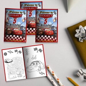 May include: A collection of birthday-themed items featuring the animated movie "Cars." The image includes party favor bags with "Welcome to MICKAEL'S 5 Birthday" text and a coloring book with race car illustrations and a maze. Colored pencils and a wrapped gift are also visible.