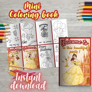 Op de afbeelding: Een mini kleurboek met pagina's met lijntekeningen van een prinses in een gele jurk, een roos en een kasteel. De pagina's bevatten tekst zoals Welcome to this beautiful party, Thank you en Happy Birthday, samen met kleurpotloden.