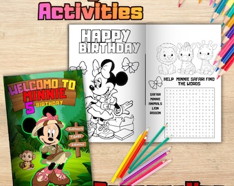 Editable Minnie Safari Coloring Book, Jungle Birthday Activities (Digital File) - M09