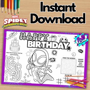Ghost spider girl coloring page, Spider girl birthday placemat, Ghost spider party, Spider girl coloring activity, INSTANT DOWNLOAD S38