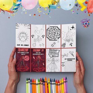 May include: A party activity set with games and colouring pages. The set includes connect-the-dots, a maze, and word search puzzles, along with superhero colouring pages. The set also includes the text "Thank You", "Welcome To", and "Happy Birthday".