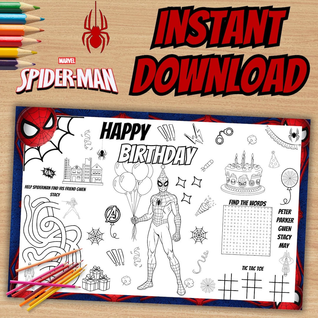 Spiderman Birthday Placemat Coloring Page, Superhero Activity (instant ...