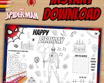 Spiderman Birthday Placemat Coloring Page, Superhero Activity (Instant Download)