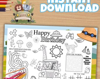 Safari Animals Coloring Page, Birthday Party Activity (Instant Download)