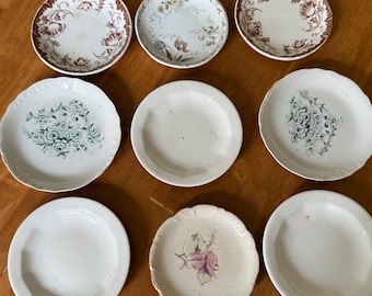 Butter pat floral prints pat vintage antique pieces select choice green brown transferware some stained crazed