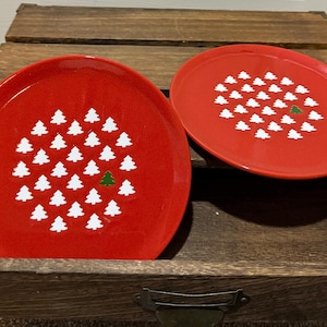 Vintage Waechtersbach Germany silver Christmas tree- salad plate 7.5&quot; Set of 2 Christmas Red plates collectible stoneware