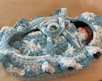 Doll bed bassinet cradle for American girl sized doll bitty baby or multiple smaller babies in blanket yarn and ruffle trim doll carrier