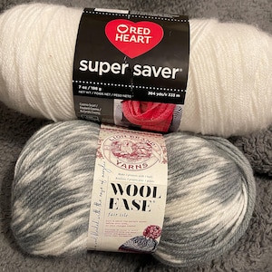 Yarn-Lion Brand wool ease in thaw medium grey  and red heart white super saver  ready to ship- get both skeins