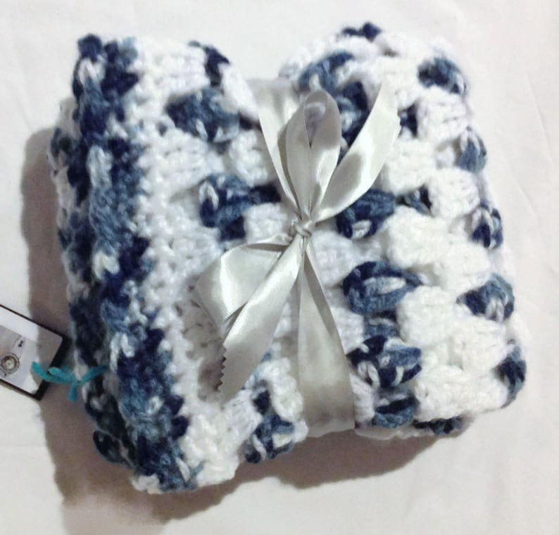 blanket blue navy blue light blue white afghan lovey take me along blanket perfect for car seat ready to ship super soft