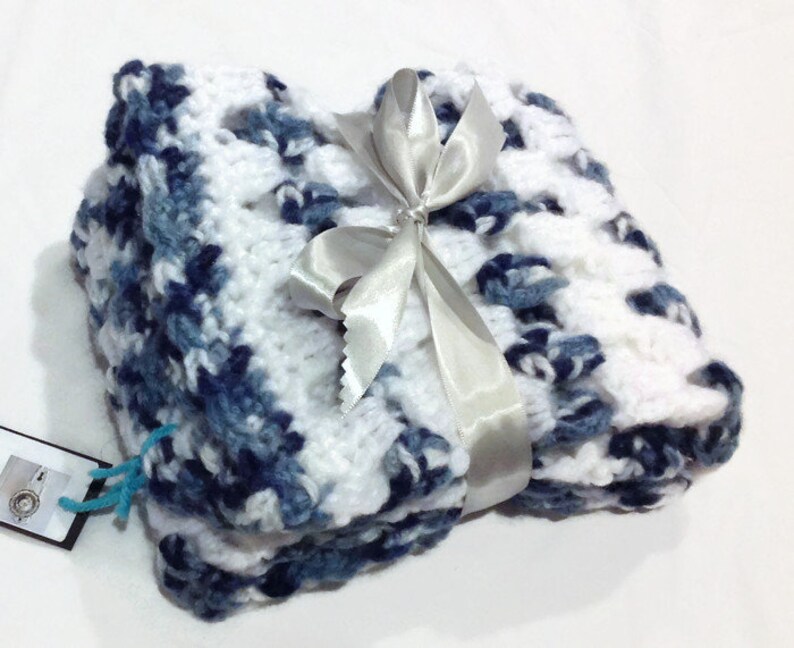 blanket blue navy blue light blue white afghan lovey take me along blanket perfect for car seat ready to ship super soft