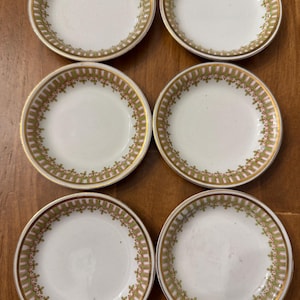 Puede incluir: Seis platillos de cerámica blanca con borde dorado y borde decorativo verde y rosa. Los platillos están dispuestos en dos filas de tres sobre una superficie de madera. Probablemente sean parte de un juego de té o café.
