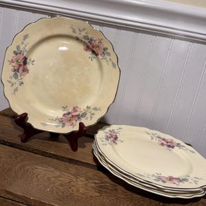 May include: A collection of vintage cream-colored plates with a floral design. The plates feature pink and purple flowers with gray leaves and a silver trim. One plate is displayed on a dark red stand, while a stack of oval plates rests on a wooden surface.