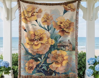Marigold Calendula Flower Witch Blanket Woven Throw Blanket Woven Wall Hanging Herbal Art Sun Energy Medicinal Plants Healing Plants