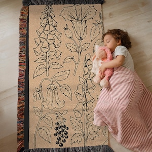 Poisonous Plants Woven Throw Blanket Botanical Sketch Datura Moonflower Devils Trumpet Nightshade Aconite Witch Blanket Goth Tapestry Floral