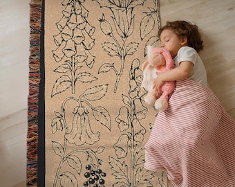 Manta tejida con plantas venenosas, boceto botánico, datura, flor de luna, trompeta del diablo, belladona, acónito, manta de bruja, tapiz gótico floral