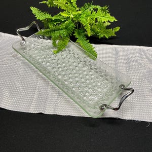 Puede incluir: Una bandeja rectangular de vidrio transparente con una superficie texturizada y asas plateadas. La bandeja está decorada con un patrón de burbujas y es adecuada para servir aperitivos o postres. Un helecho verde está en el fondo.