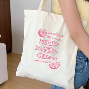Pink Sardines Coastal Tote Bag, European Summer Beach Bag, Sardine Drawing, Coastal Aesthetic Tote, Trendy Fish Design Bag, Fisherman