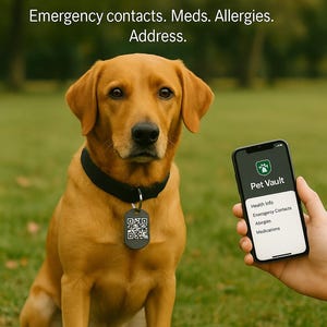 QR Code Dog Tag | Waterproof, Shockproof, Allergy-Proof | Links to Secure Pet Vault App