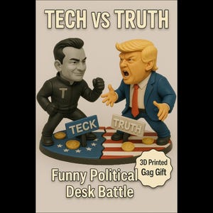Trump vs. Elon: Funny Political Figurine – 3D Printed Collectible of Tech Tycoon vs Truth Talker | Bitcoin Base | Gag Gift Decor