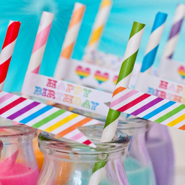 Rainbow Party Straw Flags - Printable