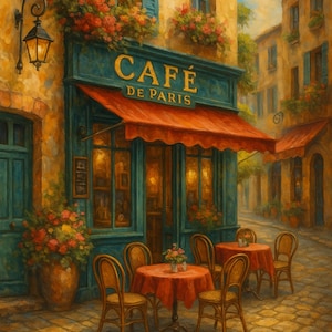 Könnte beinhalten: Ein Gemälde eines Pariser Cafés mit einer türkisfarbenen Markise mit der Aufschrift "CAFE DE PARIS" in Gold. Rote Markisen beschatten die Tische und Stühle. Blumen schmücken die Fenster und schaffen eine charmante Straßenszene.