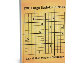 May include: A hardcover book with a yellow-orange gradient cover featuring the text 200 Large Sudoku Puzzles and 12 X 12 Grid Medium Challenge. The cover displays two 12x12 Sudoku grids with black lines and various numbers printed in the cells.