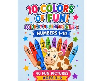 Color By Number Printable,  10 Colors of Fun,  Learning Colors and Numbers, Digital Download.
