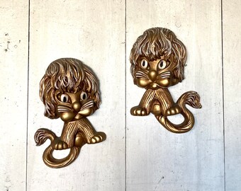 Vintage Homco Lions - Lion Wall Hangings - Gold Homco Lions - Set of 2 - Lion Wall Plaques - 1970s