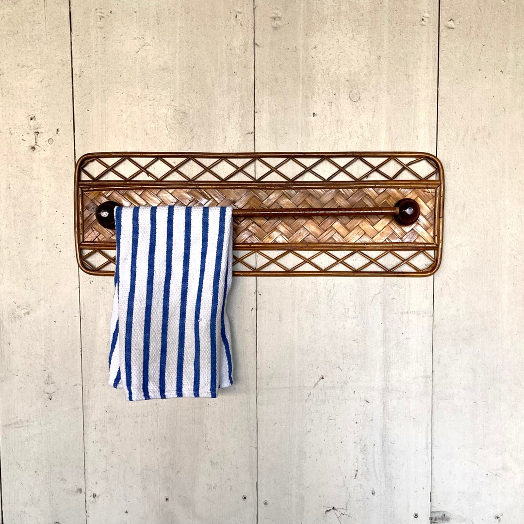 Vintage Rattan Towel Rack Bamboo Towel Rack Wicker and Wood Bathroom