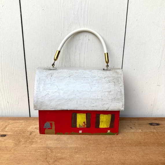 Vintage Wooden House Purse - Painted Wood House P… - image 1