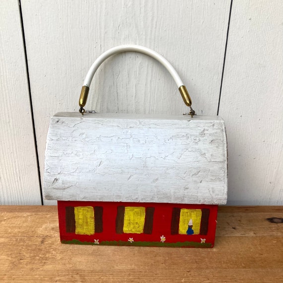 Vintage Wooden House Purse - Painted Wood House P… - image 2