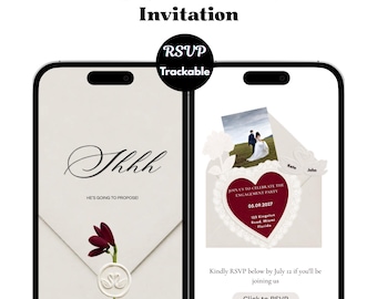 Peut inclure: Une invitation numérique pour une fête de fiançailles affichée sur un écran de smartphone. Le design présente une enveloppe crème avec un sceau de cire en forme de cygne, le texte Shhh, et une carte en forme de cœur avec une photo de couple.