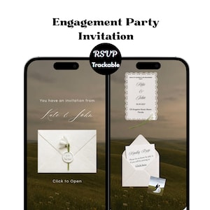 May include: A digital engagement party invitation displayed on two smartphone screens. The interface features a white envelope with a wax seal, a lace-bordered card with the text Kate & John, and an RSVP section with the text Kindly Prep and Click here.
