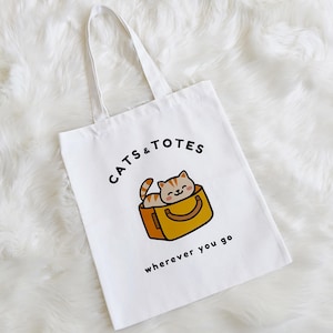 Kawaii Cat Tote Bag: White Cotton Canvas, Hand-Drawn Design