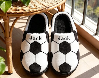 Custom Name Football Slippers, Custom Soccer Ball Design Slipper With Name, Sports Fan Gift for Men Women Teens,Soft Plush Home Footwear.