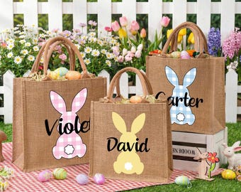 Personalized Easter Bunny Tote Bag, Custom Jute Easter Bag With Name, Kids Egg Hunt Bag, Easter Bunny Basket, Easter Gift Bags.