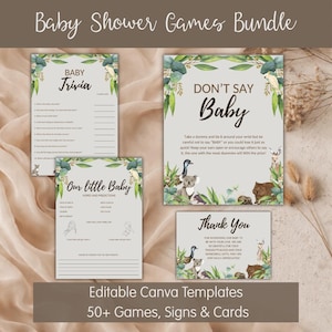 May include: A bundle of baby shower games and cards. The set includes a trivia game, a "Don't Say Baby" game, a "Our Little Baby" hopes and predictions card, and a thank you card. The designs feature botanical illustrations.