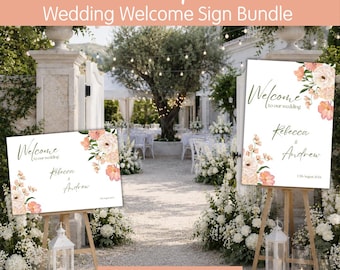 Abrikoos-perzik boho bloemen welkomstbord bundel, bruiloft bord sjabloon, bewerkbare canva downloaden, meerdere maten inbegrepen