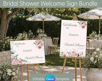 Roze roos welkomstbord vrijgezellenfeest, groen bloemen bruiloft bordsjabloon, bewerkbare canvas download, meerdere maten