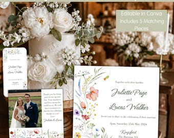 May include: Wedding invitation suite template with floral design. Includes invitation, RSVP, thank you card, and details card. The invitation features the names Juliette Page and Lucas Walker, with wedding details.