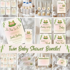May include: A collection of baby shower decorations and games with a twin theme. The design features a pea pod with two babies inside. The text includes "Twin Baby Shower Bundle!" and "Two Peas In A Pod". The color scheme is soft pink and green.