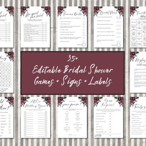 Boho Dark Burgundy Roses Bridal Shower Games Bundle: Editable Printable Templates (Instant Digital Download) Canva